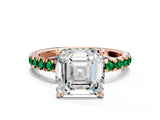 Rose gold Asscher Cut Diamond Pave Band Solitaire Ring with Round with Emerald side stone and Prong Setting