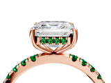 Rose gold Asscher Cut Diamond Pave Band Solitaire Ring with Round with Emerald side stone and Prong Setting_4