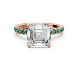 Rose gold Asscher Cut Diamond Pave Band Solitaire Ring with Round with Green Sapphire side stone and Prong Setting_24