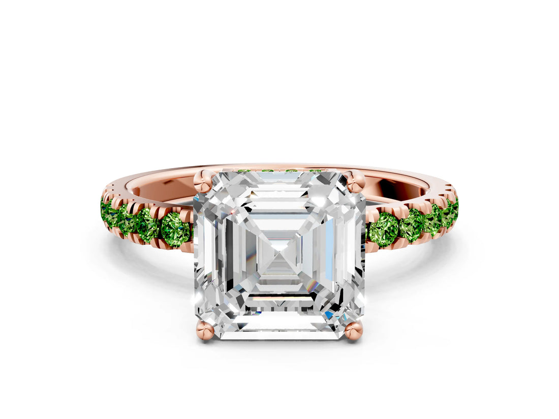 Rose gold Asscher Cut Diamond Pave Band Solitaire Ring with Round with Peridot side stone and Prong Setting