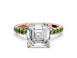 Rose gold Asscher Cut Diamond Pave Band Solitaire Ring with Round with Peridot side stone and Prong Setting