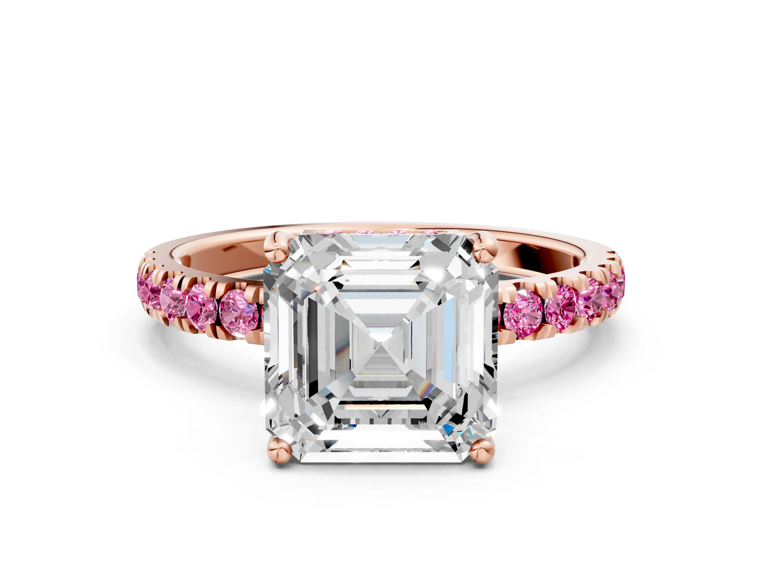Rose gold Asscher Cut Diamond Pave Band Solitaire Ring with Round with Pink Sapphire side stone and Prong Setting_12