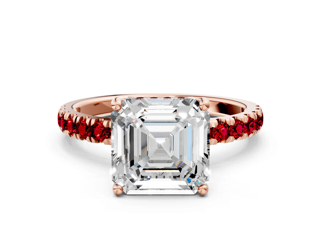 Rose gold Asscher Cut Diamond Pave Band Solitaire Ring with Round with Ruby side stone and Prong Setting_12