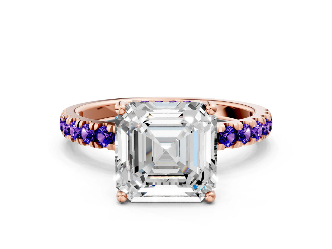 Rose gold Asscher Cut Diamond Pave Band Solitaire Ring with Round with Tanzanite side stone and Prong Setting_12
