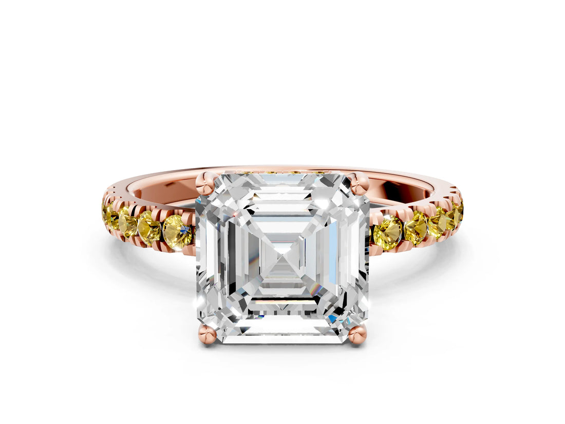 Rose gold Asscher Cut Diamond Pave Band Solitaire Ring with Round with Yellow Sapphire side stone and Prong Setting_12