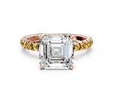Rose gold Asscher Cut Diamond Pave Band Solitaire Ring with Round with Yellow Sapphire side stone and Prong Setting_12