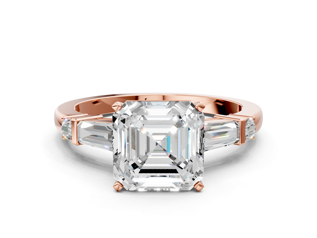 Rose gold Asscher Cut Diamond Ring with Baguette Side Stones, Channel Set Band, and Four-Prong Setting_31