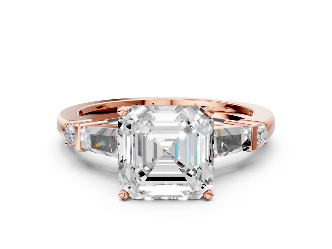 Rose gold Asscher Cut Diamond Ring with Baguette Side Stones, Channel Set Band, and Four-Prong Setting_42