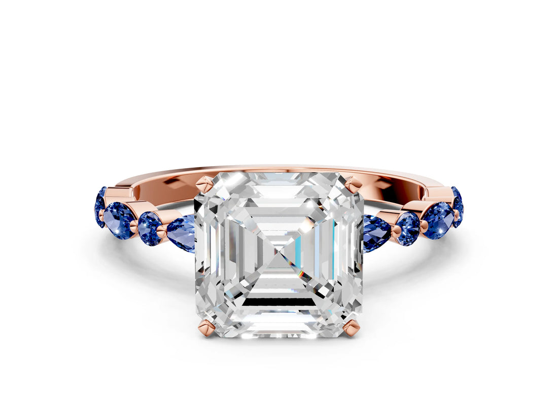 Rose gold Asscher Cut Diamond Ring with Marquise and Round with Blue Sapphire side stone Side Stones and Four-Prong Setting_36
