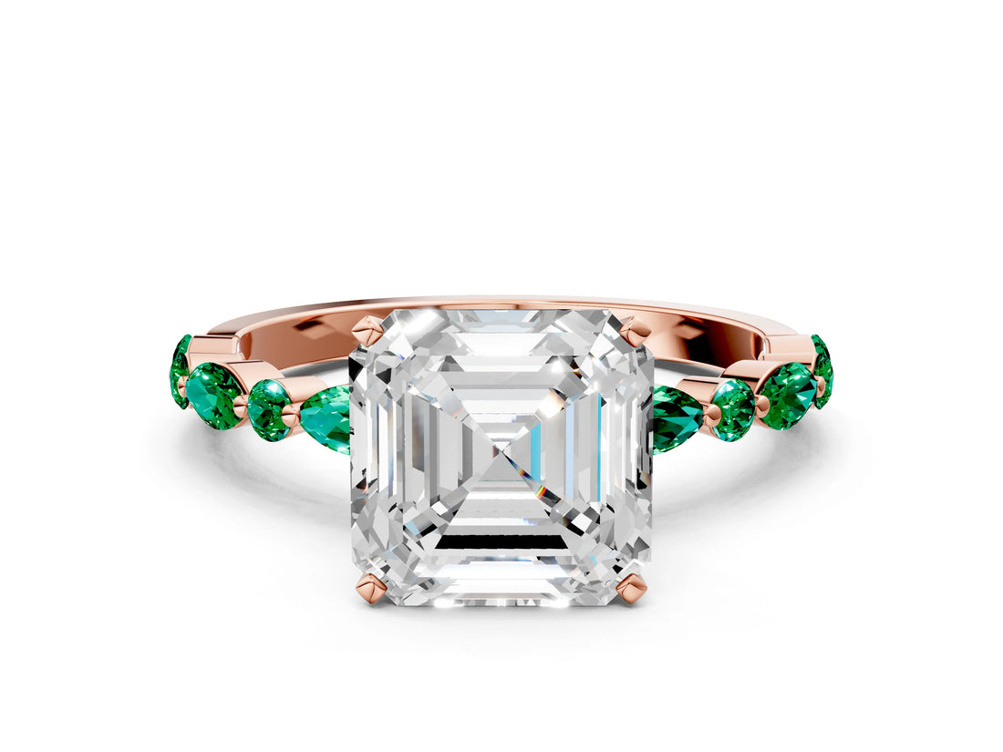 Rose gold Asscher Cut Diamond Ring with Marquise and Round with Emerald side stone Side Stones and Four-Prong Setting_48