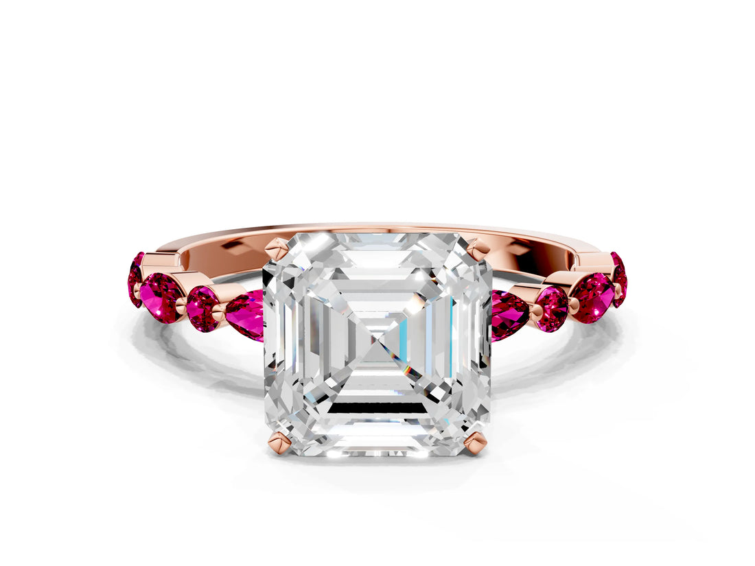 Rose gold Asscher Cut Diamond Ring with Marquise and Round with Garnet side stone Side Stones and Four-Prong Setting_24
