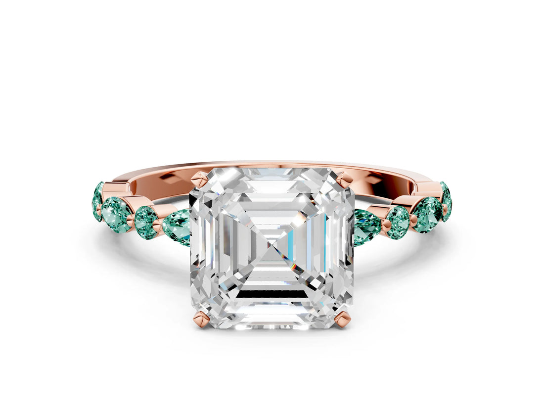 Rose gold Asscher Cut Diamond Ring with Marquise and Round with Green Sapphire side stone Side Stones and Four-Prong Setting_12