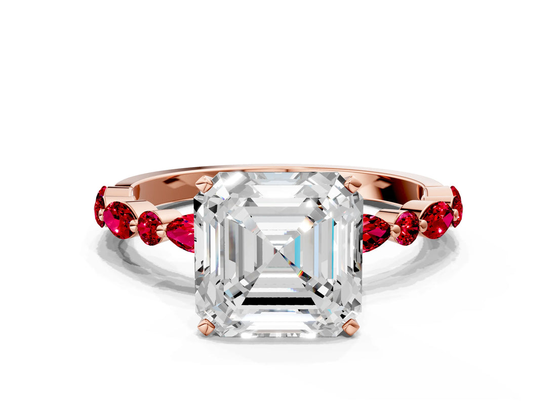 Rose gold Asscher Cut Diamond Ring with Marquise and Round with Ruby side stone Side Stones and Four-Prong Setting_36