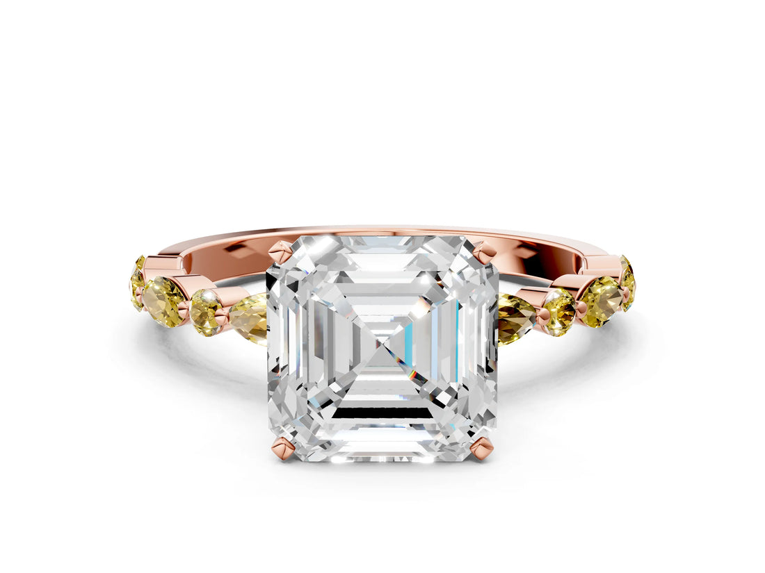 Rose gold Asscher Cut Diamond Ring with Marquise and Round with Yellow Sapphire side stone Side Stones and Four-Prong Setting_24