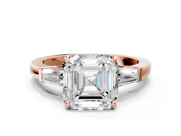 Rose gold Asscher Cut Diamond Ring with Tapered Baguette Side Stones in Four-Prong Setting
