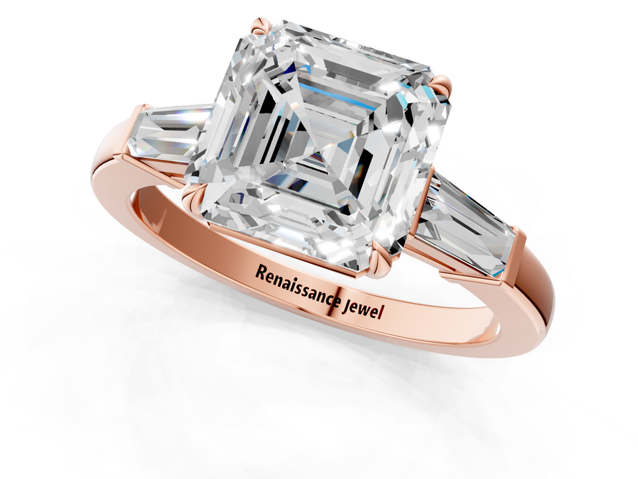 Rose gold Asscher Cut Diamond Ring with Tapered Baguette Side Stones in Four-Prong Setting