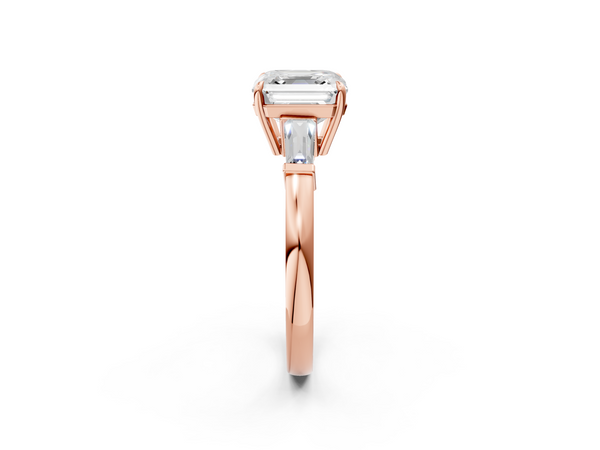 Rose gold Asscher Cut Diamond Ring with Tapered Baguette Side Stones in Four-Prong Setting