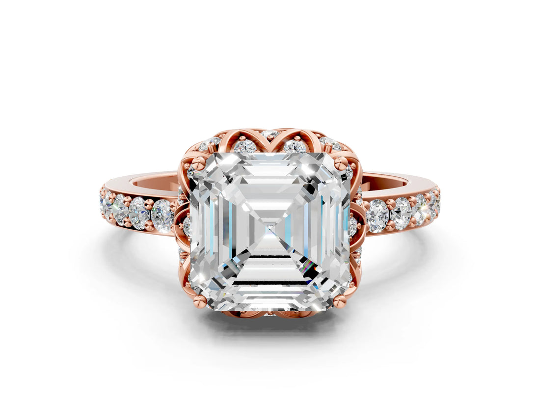 Rose gold Asscher Cut Diamond Scalloped Halo Engagement Ring with Round Shared Prong Band_12