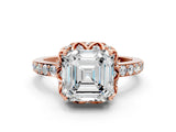 Rose gold Asscher Cut Diamond Scalloped Halo Engagement Ring with Round Shared Prong Band_12