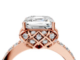 Rose gold Asscher Cut Diamond Scalloped Halo Engagement Ring with Round Shared Prong Band_16