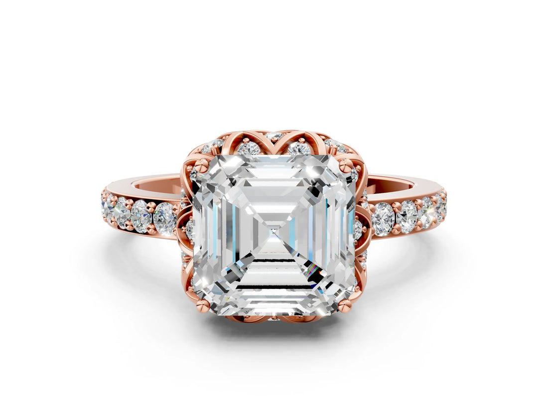 Rose gold Asscher Cut Diamond Scalloped Halo Engagement Ring with Round Shared Prong Band_36