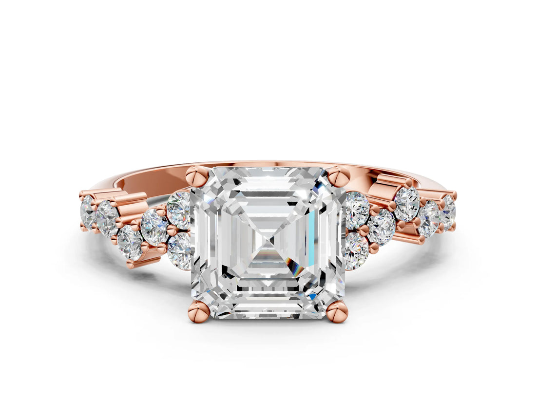 Rose gold Asscher Cut Diamond Scattered Round Accent Ring with Prong Setting_12