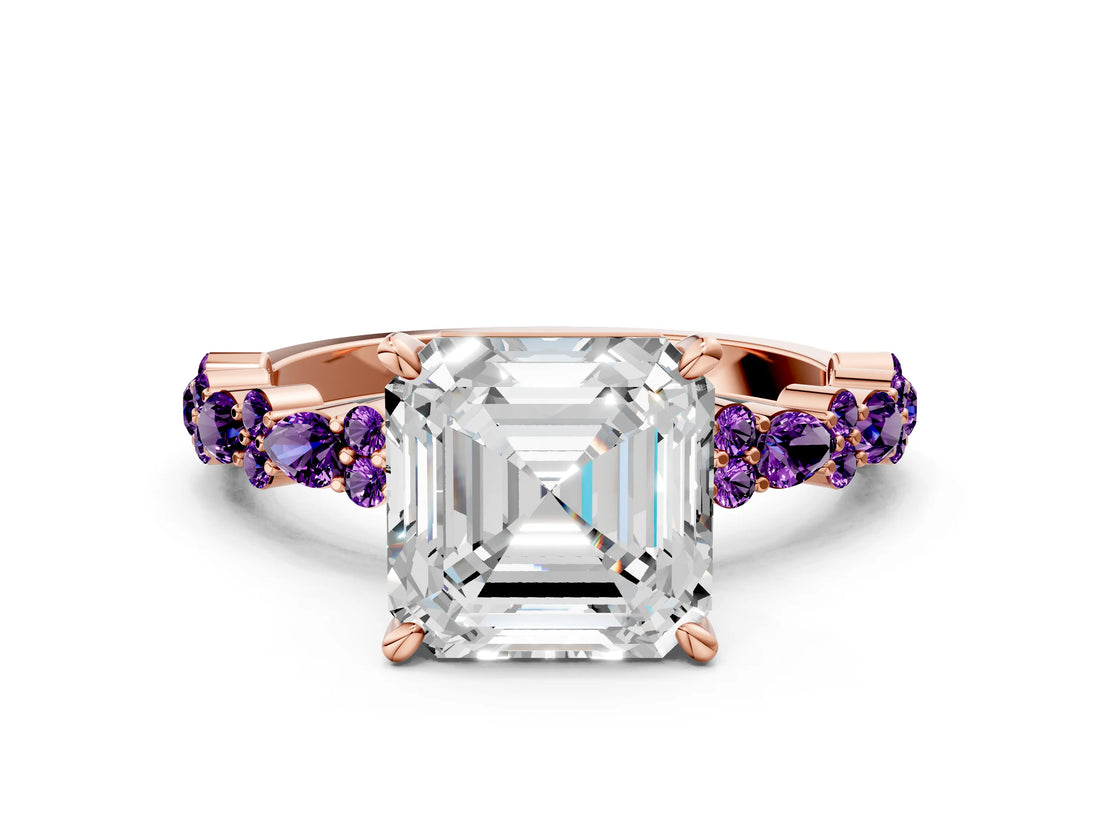 Rose gold Asscher Cut Diamond Side Stone Solitaire Ring with Round with Amethyst side stone and Four-Prong Setting