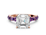 Rose gold Asscher Cut Diamond Side Stone Solitaire Ring with Round with Amethyst side stone and Four-Prong Setting