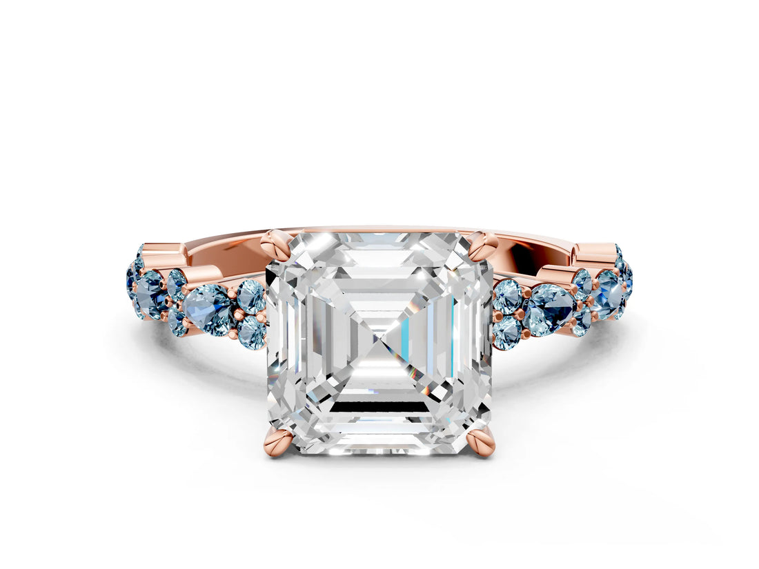 Rose gold Asscher Cut Diamond Side Stone Solitaire Ring with Round with Aquamarine side stone and Four-Prong Setting