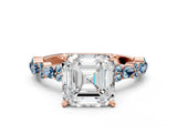 Rose gold Asscher Cut Diamond Side Stone Solitaire Ring with Round with Aquamarine side stone and Four-Prong Setting