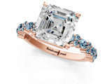Rose gold Asscher Cut Diamond Side Stone Solitaire Ring with Round with Aquamarine side stone and Four-Prong Setting_1