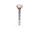 Rose gold Asscher Cut Diamond Side Stone Solitaire Ring with Round with Aquamarine side stone and Four-Prong Setting_2