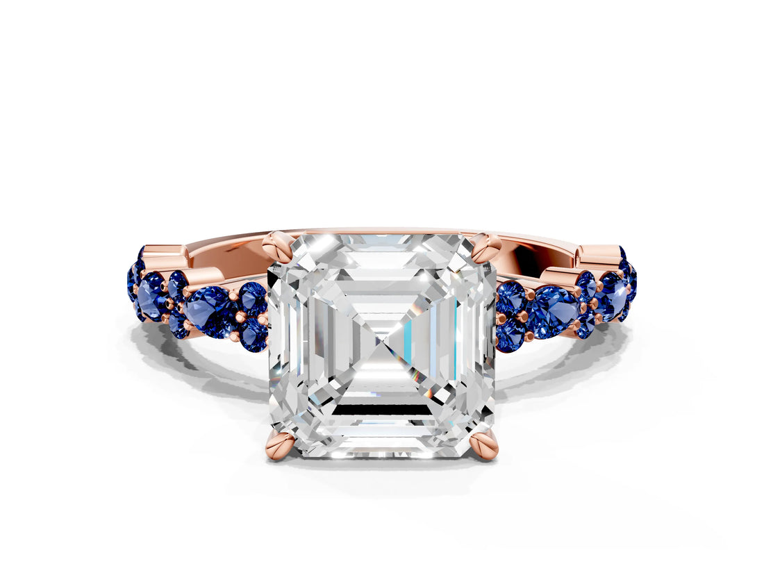Rose gold Asscher Cut Diamond Side Stone Solitaire Ring with Round with Blue Sapphire side stone and Four-Prong Setting