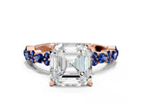 Rose gold Asscher Cut Diamond Side Stone Solitaire Ring with Round with Blue Sapphire side stone and Four-Prong Setting