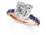 Rose gold Asscher Cut Diamond Side Stone Solitaire Ring with Round with Blue Sapphire side stone and Four-Prong Setting_1