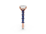 Rose gold Asscher Cut Diamond Side Stone Solitaire Ring with Round with Blue Sapphire side stone and Four-Prong Setting_2