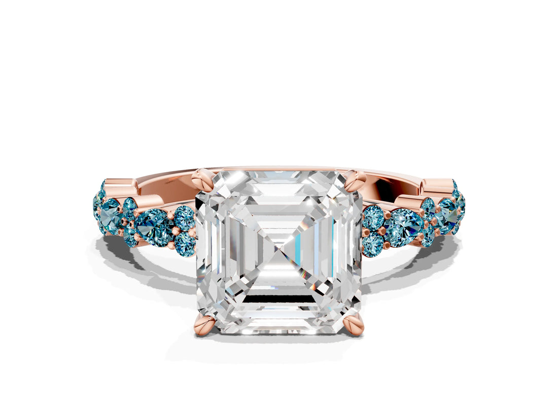 Rose gold Asscher Cut Diamond Side Stone Solitaire Ring with Round with Blue Topaz side stone and Four-Prong Setting