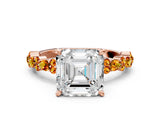 Rose gold Asscher Cut Diamond Side Stone Solitaire Ring with Round with Citrine side stone and Four-Prong Setting