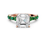 Rose gold Asscher Cut Diamond Side Stone Solitaire Ring with Round with Emerald side stone and Four-Prong Setting