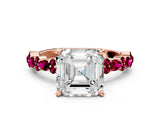 Rose gold Asscher Cut Diamond Side Stone Solitaire Ring with Round with Garnet side stone and Four-Prong Setting