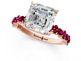 Rose gold Asscher Cut Diamond Side Stone Solitaire Ring with Round with Garnet side stone and Four-Prong Setting_1