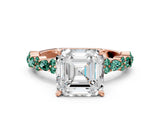 Rose gold Asscher Cut Diamond Side Stone Solitaire Ring with Round with Green Sapphire side stone and Four-Prong Setting