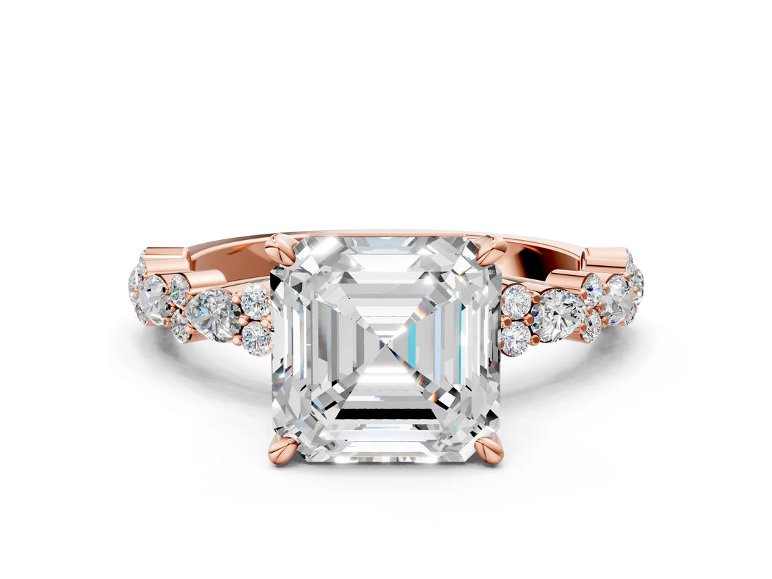Rose gold Asscher Cut Diamond Side Stone Solitaire Ring with Round with Moissanite side stone and Four-Prong Setting