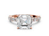Rose gold Asscher Cut Diamond Side Stone Solitaire Ring with Round with Moissanite side stone and Four-Prong Setting