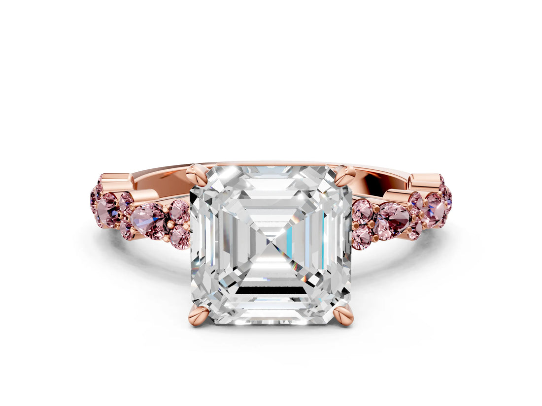 Rose gold Asscher Cut Diamond Side Stone Solitaire Ring with Round with Morganite side stone and Four-Prong Setting