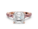 Rose gold Asscher Cut Diamond Side Stone Solitaire Ring with Round with Morganite side stone and Four-Prong Setting