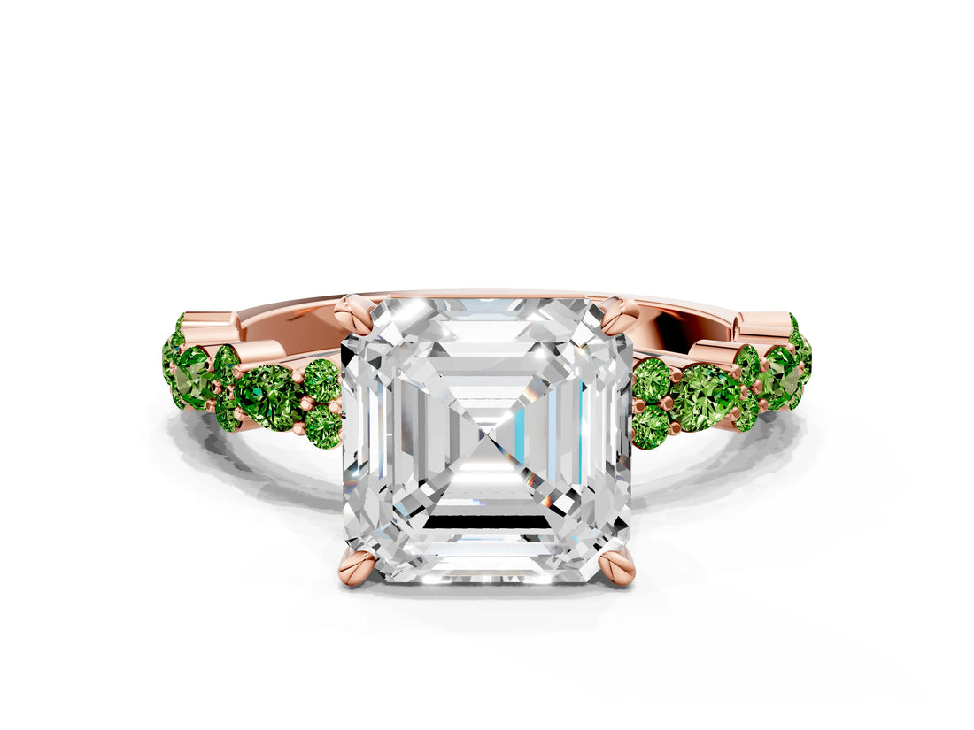 Rose gold Asscher Cut Diamond Side Stone Solitaire Ring with Round with Peridot side stone and Four-Prong Setting