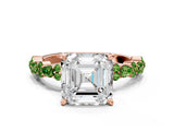 Rose gold Asscher Cut Diamond Side Stone Solitaire Ring with Round with Peridot side stone and Four-Prong Setting