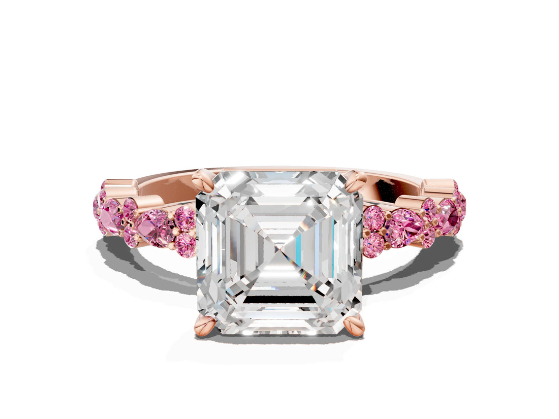 Rose gold Asscher Cut Diamond Side Stone Solitaire Ring with Round with Pink Sapphire side stone and Four-Prong Setting
