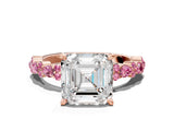 Rose gold Asscher Cut Diamond Side Stone Solitaire Ring with Round with Pink Sapphire side stone and Four-Prong Setting